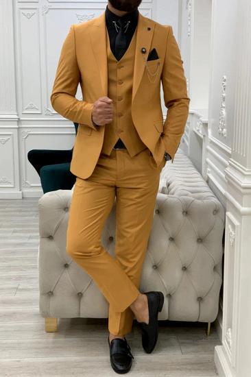James Yellow Men's Peak Collar Three-Piece Slim Suit_1