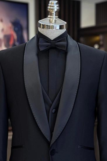 Elegant Italian Black Wool Blend Slim Fit Hidden Pocket Shawl Collar Groom Suit | Two Or Three Piece Set_3
