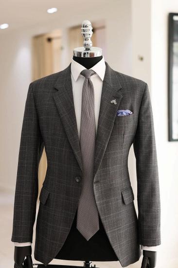 Dark Grey Open Collar Slim Fit Checkered Mens Two Piece Business Suit_2