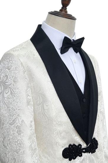 Fashion Knit Buttons Black Shawl Lapel Three Piece White Jacquard Mens Wedding Tuxedo_3