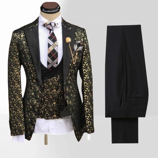 Black Peaked Lapel Collar Stitching Gold Leopard Jacquard Men Three Piece Suits_3