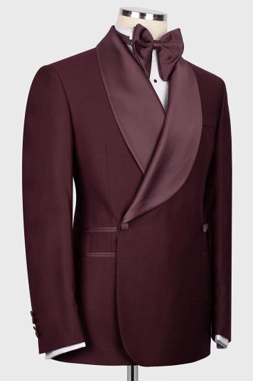 Satin Shawl Lapel Slim Burgundy Two-Piece Prom Dress Wedding Suit_2