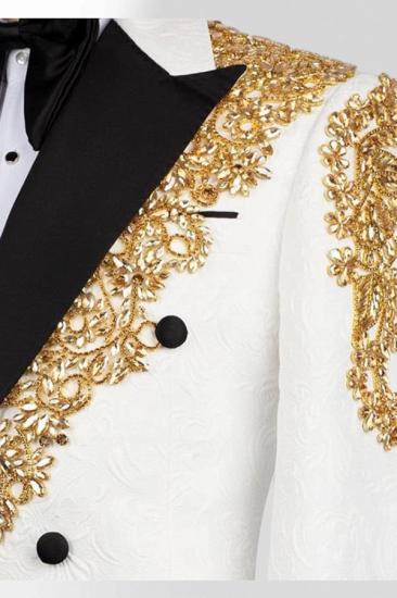 Men's White Double-Breasted Tuxedo with Gold Embroidery Two Piece Prom Suit | Bradymensuit_4