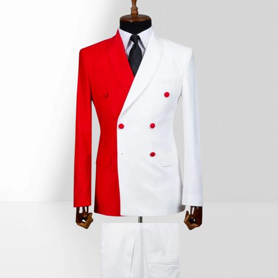 Red And White Double Breasted Shawl Collar Slim Mens Two Piece Suit_3