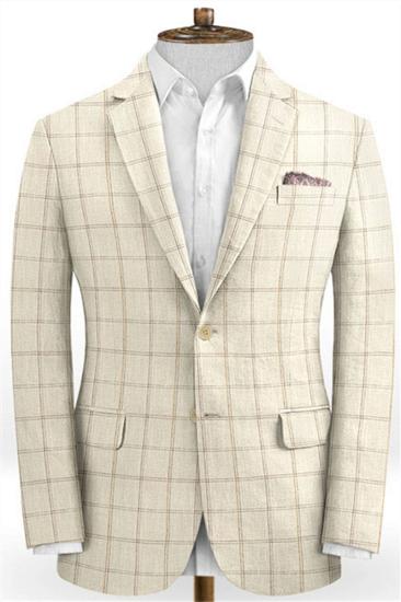 Light Champagne Check Linen Tuxedo | Fashion Two Piece Notched Lapel Mens Suit_1
