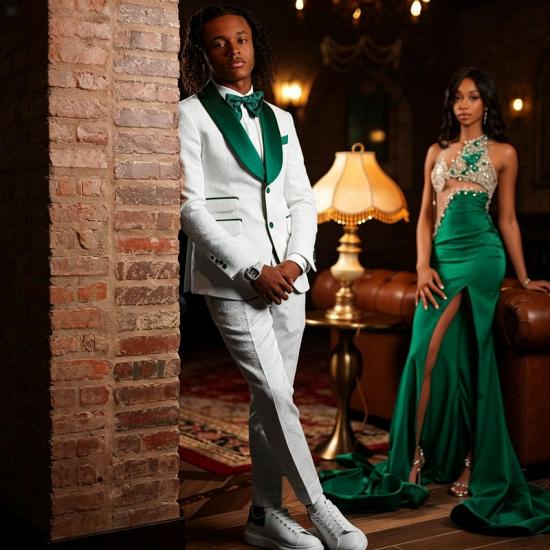 Men's White Jacquard Suit with Green Satin Lapel Prom Tuxedo | Bradymensuit_3