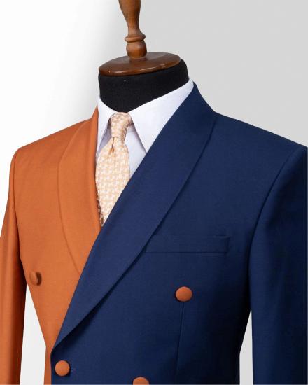 Orange And Navy Blue Double Breasted Shawl Collar Slim Mens Two Piece Suit_3