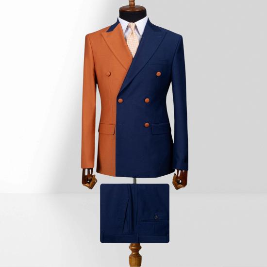 Orange And Navy Blue Double Breasted Peak Collar Slim Mens Two Piece Suit_3