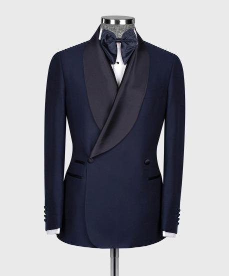 James Fashion Navy Blue Double Breasted Shawl Lapel Mens Two Piece Suit_2