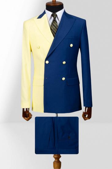 Yellow And Dark Blue Double Breasted Peak Collar Slim Mens Two Piece Suit_1