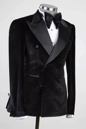 James Black Peaked Lapel Double Breasted Velvet Two Piece Prom Suits_2