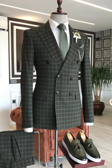 Handsome Green Plaid Double Breasted 2 Flap Mens Business Suit