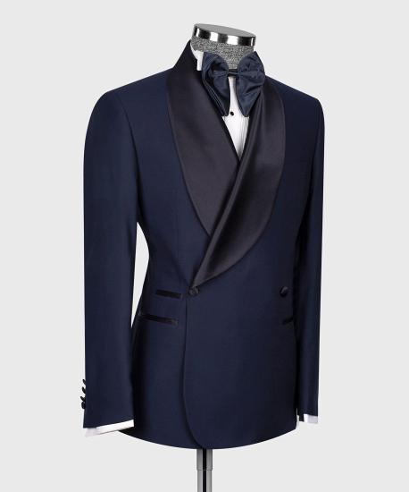 James Fashion Navy Blue Double Breasted Shawl Lapel Mens Two Piece Suit_3