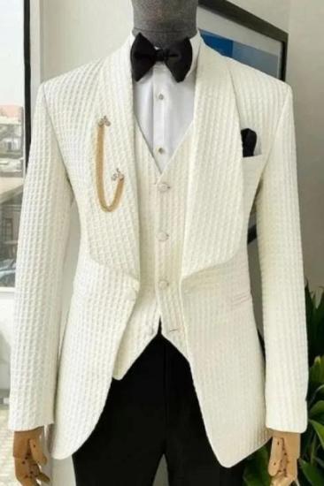 Stylish White Plaid Shawl Lapel Three Pieces Wedding Suits_1