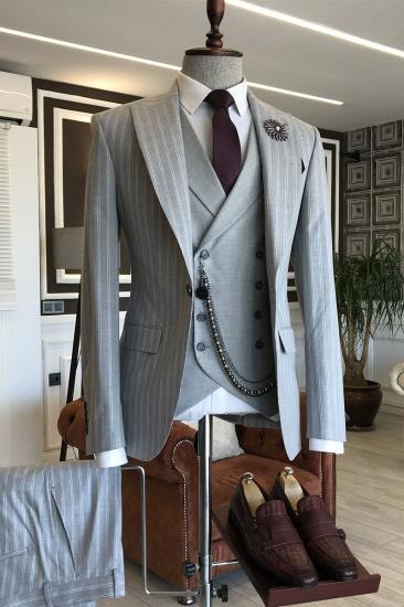 Lucien Newest Grey 3 Piece Striped Point Lapel Business Suit for Men_2