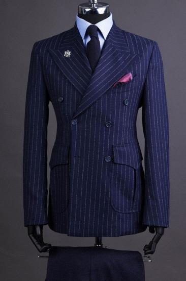 Brady Dark Blue Peaked Lapel Double Breasted Striped Business Suits_1