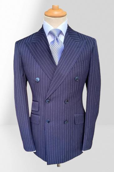 Brady Blue Double Breasted Striped Slim Fit Two Pieces Business Suits_1