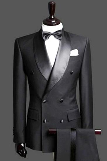 Black Double Breasted Wedding Suit Tuxedo |  Satin Lapel for Wedding/Prom 2 Pieces (Jacket   Pants)_1