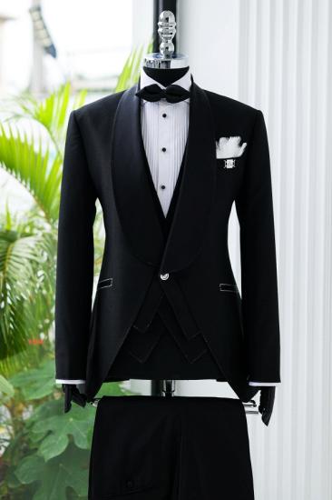Matthew Simple Black Satin Shawl Lapel 3 Piece Tuxedo Stitch Trim Custom Wedding Suit With Vest Pants_1