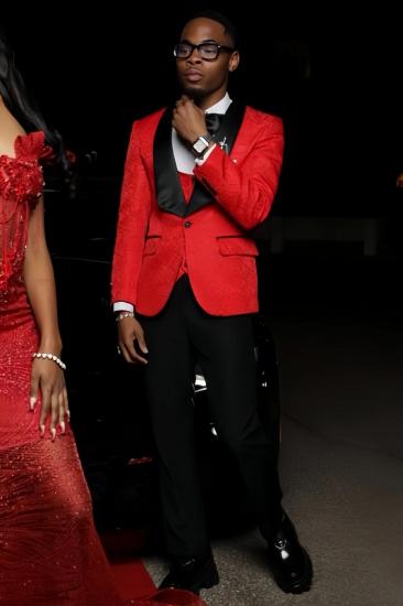 New Stylish Red Jacquard Three Pieces Prom Suits With Black Satin Lapel_2
