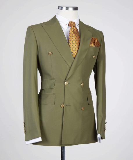 Olive Green Pointed Lapels Double Breasted Prom Men Suits_2