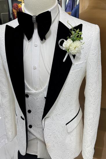 White Jacquard Pointed Collar Button Wedding Suit | Groom Three Piece Suit_2