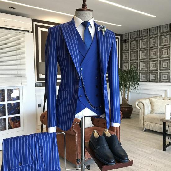 Marvin Fashion Blue Striped Three Piece Point Lapel Formal Men Suit_2