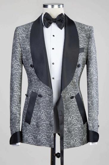 Khalil Grey Double Breasted Jacquard Wedding Mens Suit with Black Lapel_3
