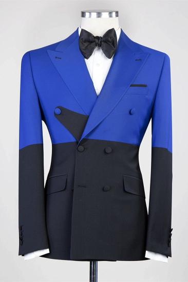 Blue and Black Double Breasted Pointed Lapel Prom Suit_1