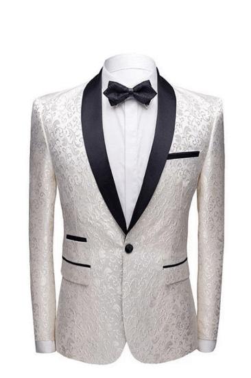 White Jacquard One Button Wedding Tuexdos | Black Shawl Lapel Mens Suit (Jacket Pants)_1