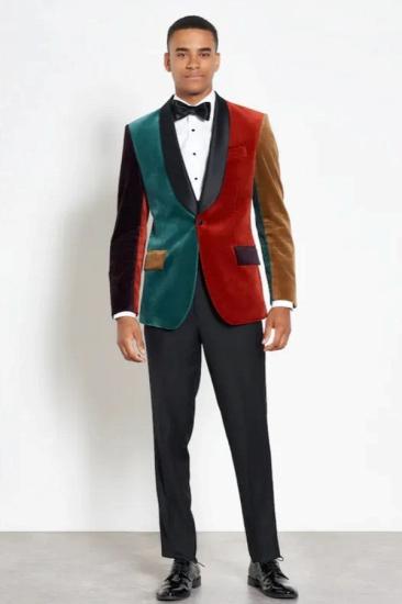 Peter Dark Green Burgundy Patchwork Velvet One Button Prom Suit | Bradymensuit