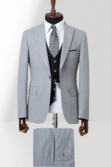 Light Gray Single Breasted Groom Three Piece Wedding Suit With Black Vest_1