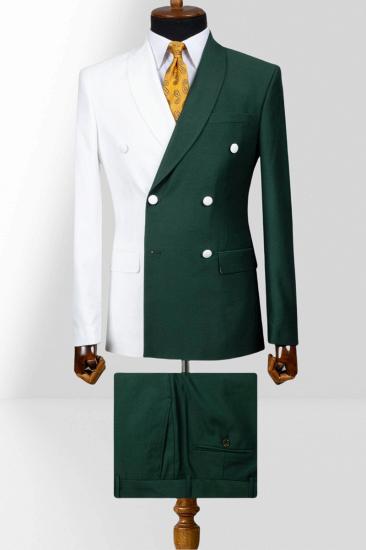 White And Green Double Breasted Shawl Collar Slim Mens Two Piece Suit_1