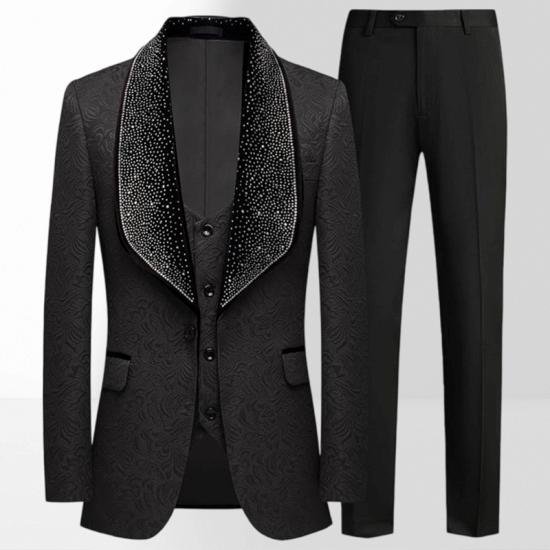 Brady Men's Black 3-Piece Jacquard Suit with Rhinestone Shawl Lapel & Prom Tuxedo_2