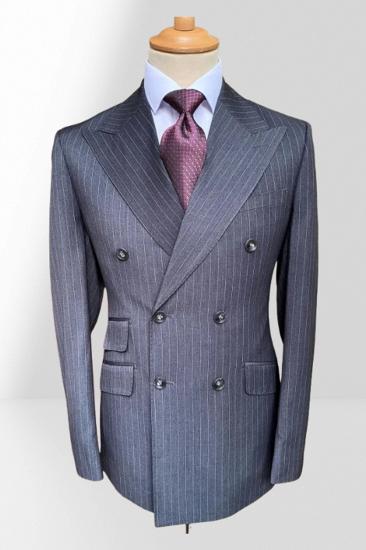 Brady Gray Double Breasted Striped Peaked Lapel Slim Fit Two Pieces Business Suits_1