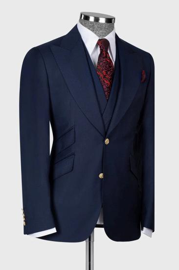 Dark navy blue slim fit double breasted peak collar three piece men suits_3
