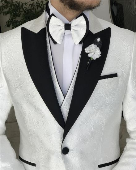 White Lapel Collar Jacquard Mens Three Piece Suit Groom Suit_3
