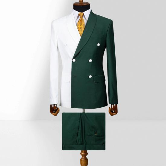White And Green Double Breasted Shawl Collar Slim Mens Two Piece Suit_3