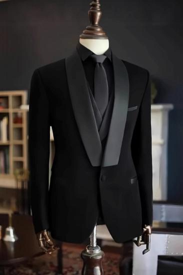 Men's 3 Piece Black Satin Shawl Lapel Tuxedo Suit for Wedding Prom_1