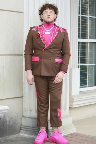 Dennis Fashion Brown Double Breasted Plus Size Two Pieces Prom Suits With Appliques_1