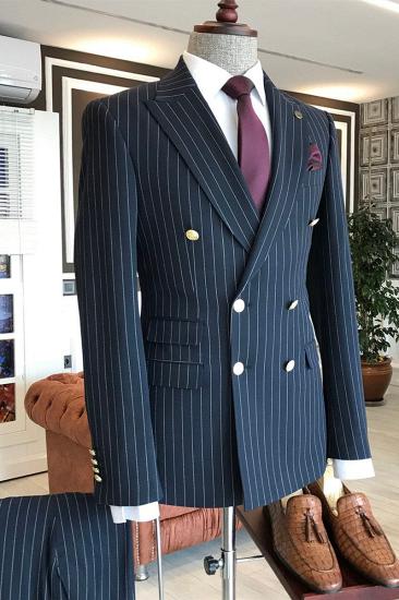 Hogan Modern Navy Striped Point Lapel Double Breasted Slim Fit Business Mens Suit_2