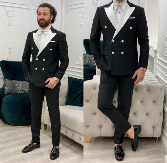 Handsome Black Peaked Collar Double Breasted Men Two Piece Suit_4
