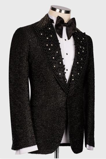 Shiny Slim  Beadings Crystals Black Two Piece Men Wedding Suit for Groom_2