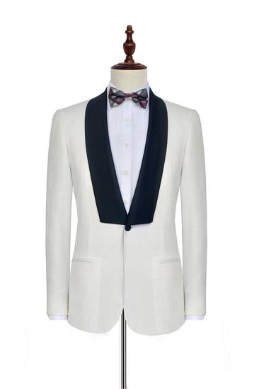 Mens Black Knife Neck Classic White Wedding Suit | One Button Wedding Tuxedo_3
