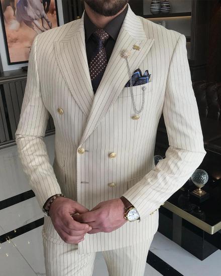 Elegant Beige Peak Collar Double Breasted Mens Pinstripe Two Piece Suits_3