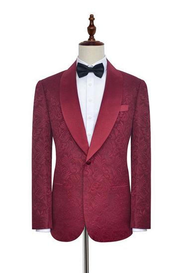 Luxury Burgundy Jacquard One Button Silk Shawl Lapel Mens Suit for Wedding and Prom_1