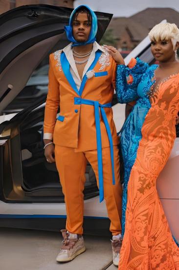 El Special Orange Appliques Two Piece Prom Suits With Long Sash_1