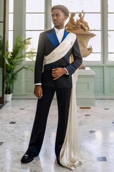 Black Double Breasted Tuxedo With Blue Satin Lapel And White Sash Custom Formal Suit For Wedding Prom Gala_3