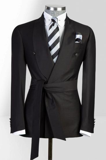 Black Slim Fit Wool Double Breasted Shawl Collar Men Two Piece Tuxedo | With Belt_1