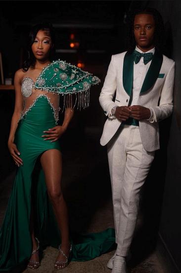 Men's White Jacquard Suit with Green Satin Lapel Prom Tuxedo | Bradymensuit_2